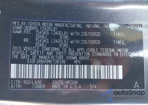 2021 Toyota Highlander Platinum z USA, uszkodzony, nr VIN 5TDFZRBH5MS138398
